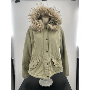 Hollister Women's Olive Green Sherpa-Lined Parka with Faux Fur Hood Size Small S
